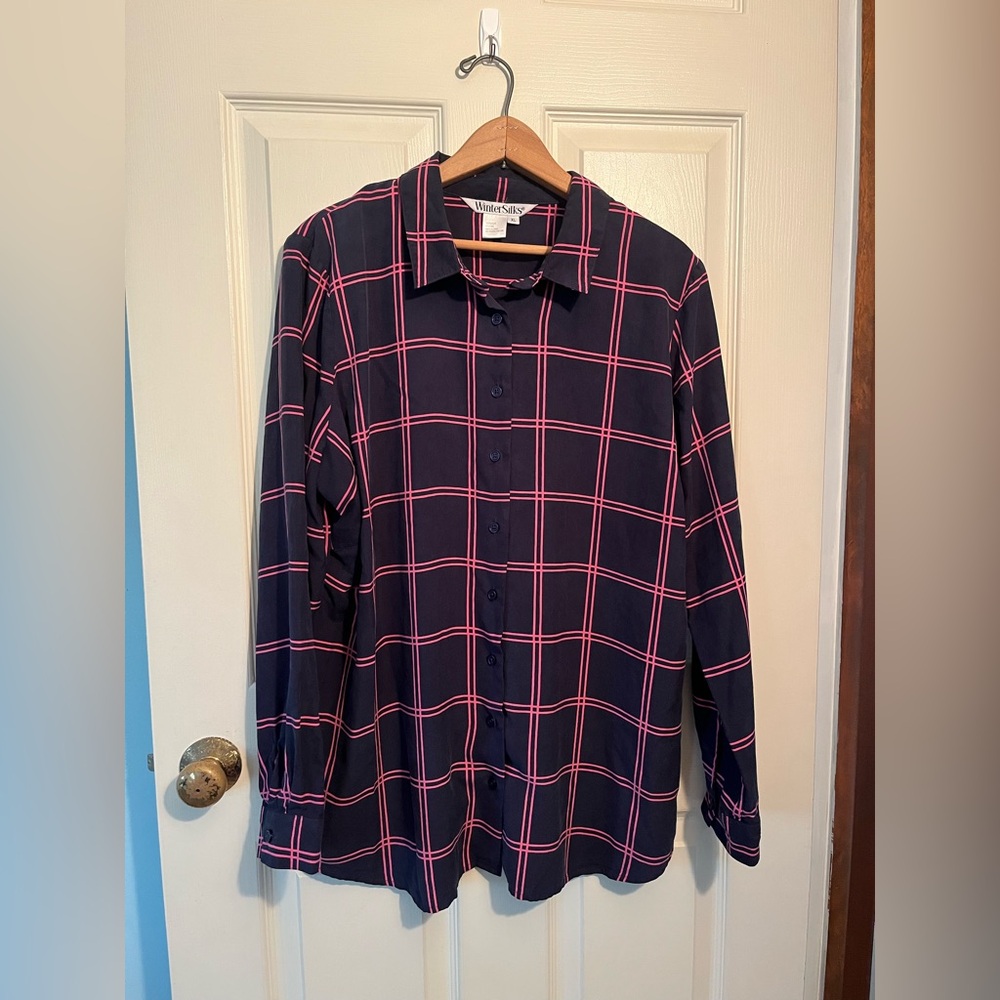 WinterSilks 100% Silk Navy and Pink Blouse